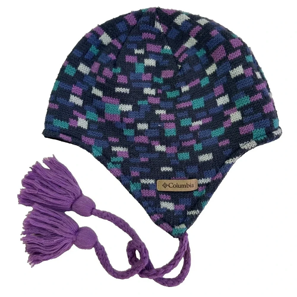 Columbia Youth Omni-Heat Beanie Purple Color Block Tassel Winter Hat Acrylic Ski